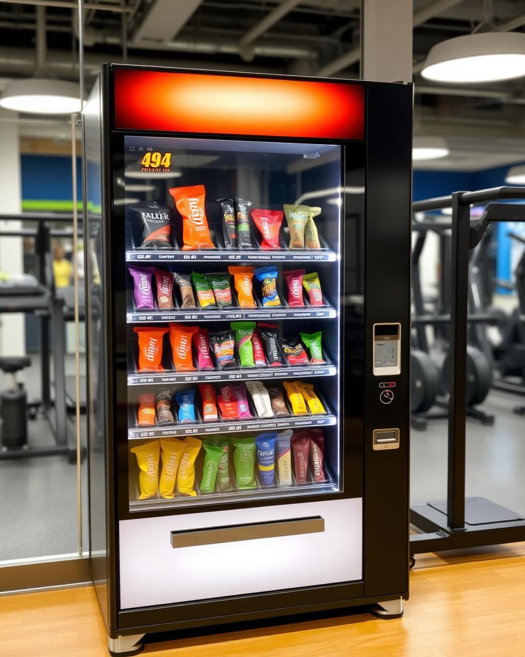 Vending machine stocked with protein bars in a gym