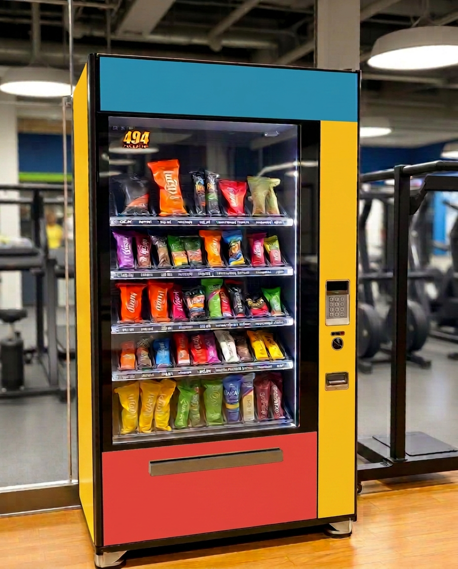 Vending machine stocked with protein bars in a gym