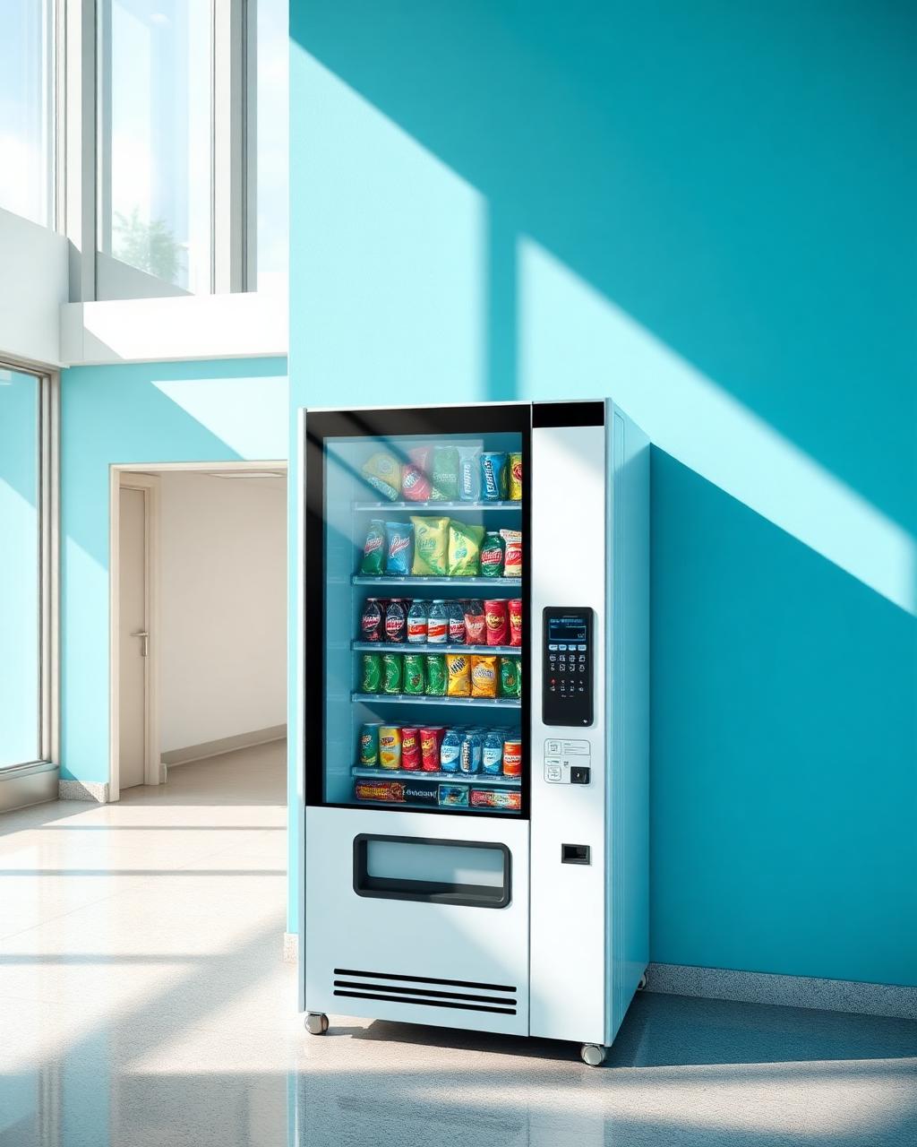 Modern glass-front vending machine in a bright office lobby
