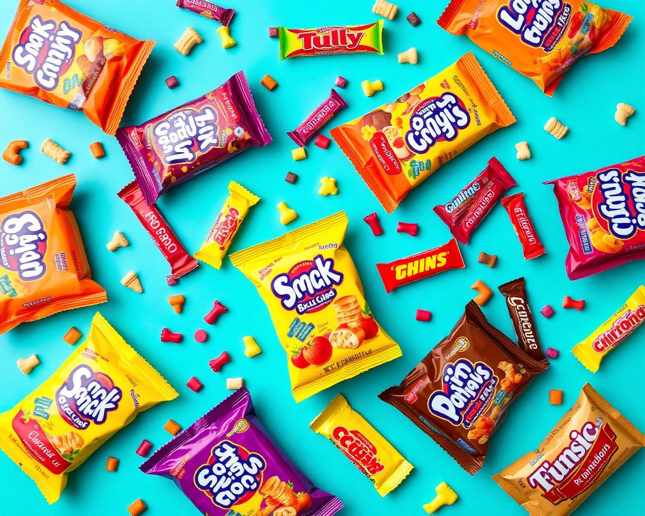Assorted classic snack bags on a sky-blue background