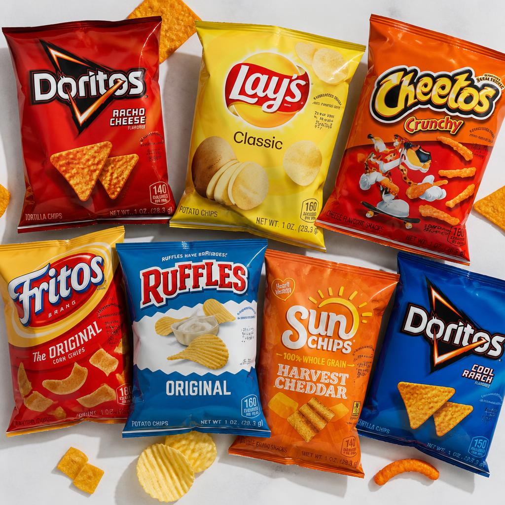 Assorted classic snack bags on a sky-blue background