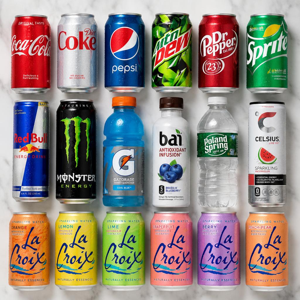 Sodas, energy drinks, and water bottles on a yellow background