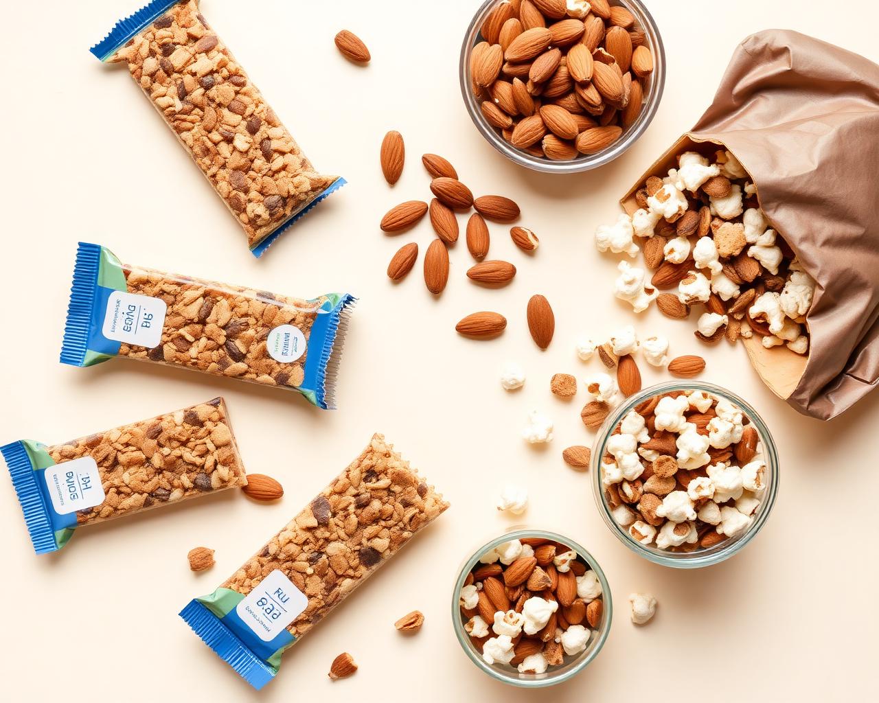 Protein bars, almonds, and popcorn on a cream background